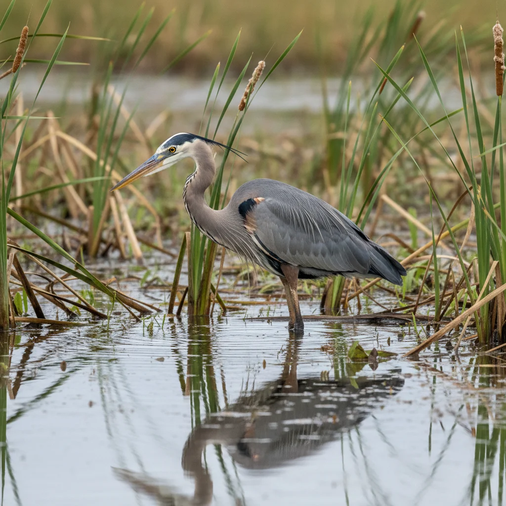 Great Blue Heron hunting in a marsh wetland