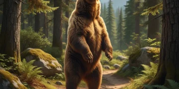 Grizzly bear standing near hiking trail in national park