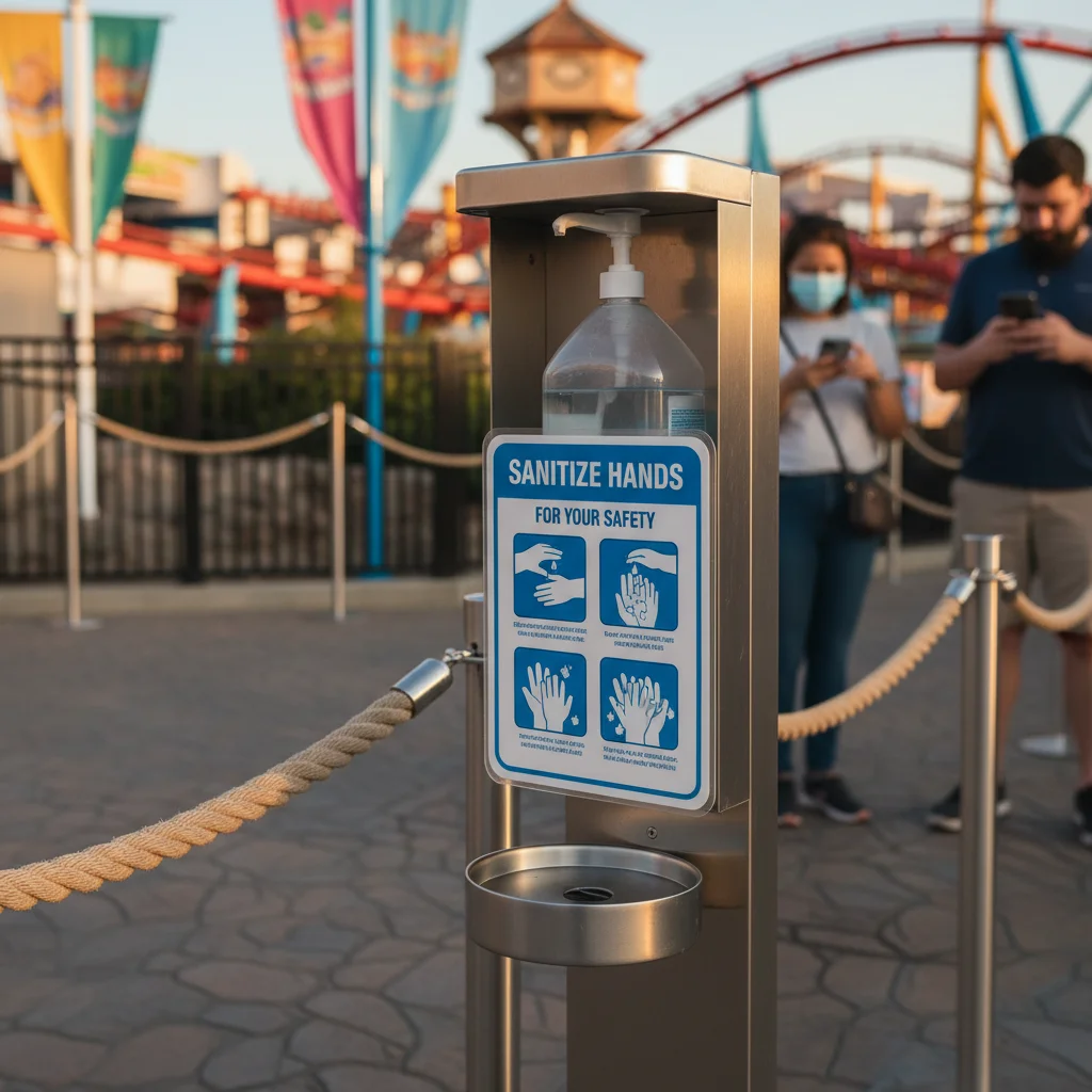 Hand sanitizing station at attraction ride queue