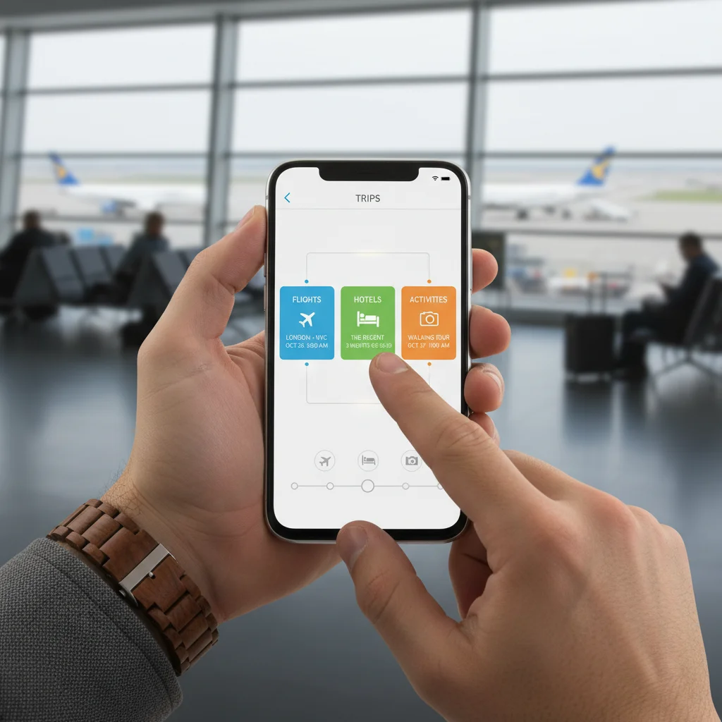 Hand interacting with intuitive travel app interface