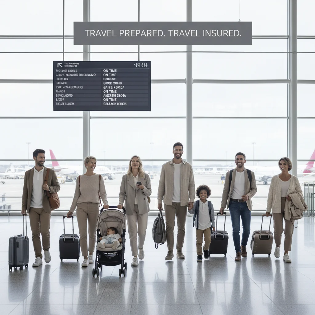 Happy travelers walking through airport terminal with luggage