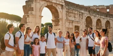 Happy tourists enjoying a historical landmark, enhancing travel experience
