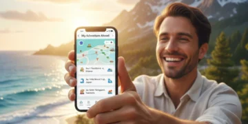 Happy traveler using a smartphone for easy travel planning