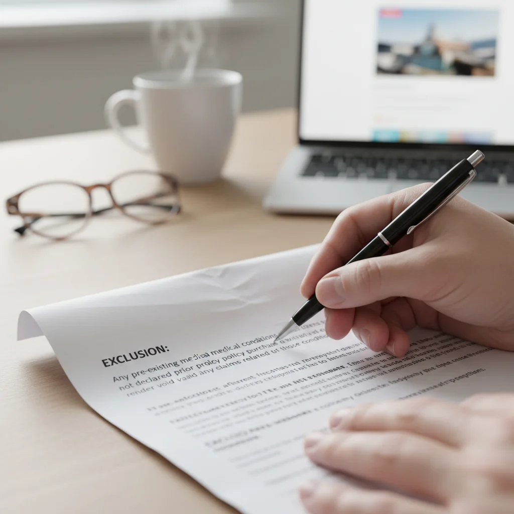 Hand highlighting important clause on travel insurance policy