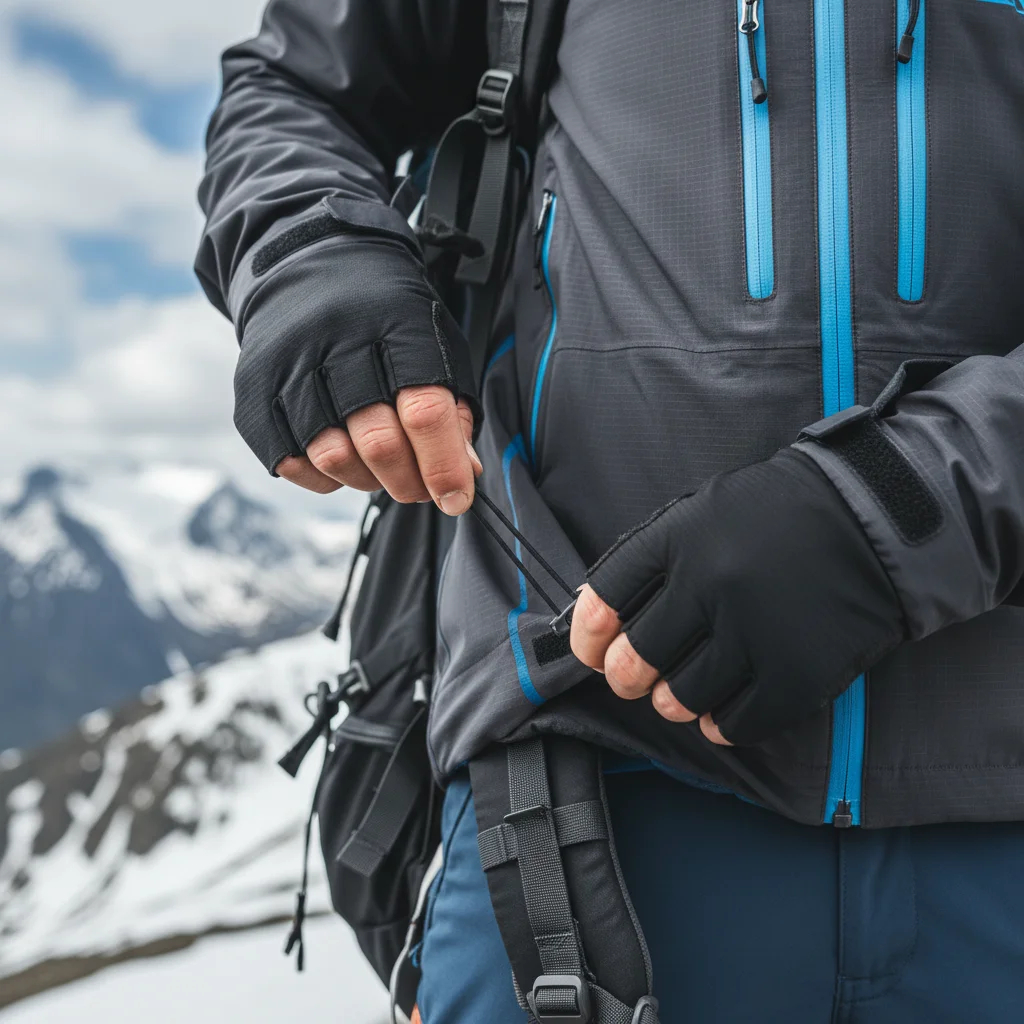 Hiker adjusting waterproof jacket in snowy mountain environment