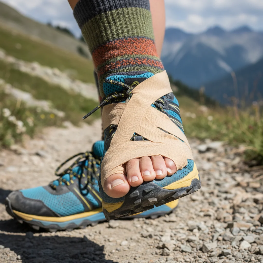 Close-up of hiker's feet with blister prevention tape and clean toenails, ready for a long hike.
