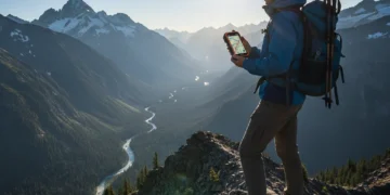 Hiker using GPS device on mountain ridge