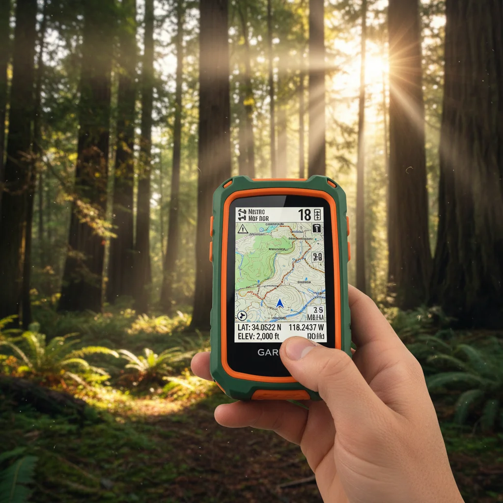 Hiker using a GPS device for navigation in a forest.