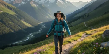 Hiker with lightweight backpack on a mountain trail