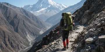 Hiker ascending rocky mountain trail towards peak
