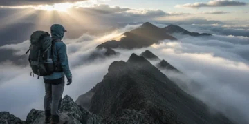 Hiker on mountain ridge observing changeable high-altitude weather