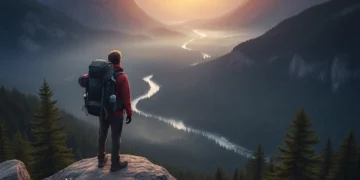 Hiker enjoying mountain view at sunrise, symbolizing smart outdoor budget management