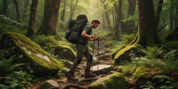 Hiker navigating a challenging forest trail with trekking poles, focused on foot placement to prevent injuries.