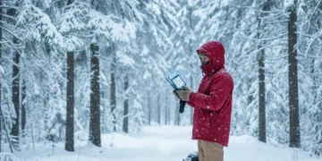 Hiker navigating snowy trail with GPS device