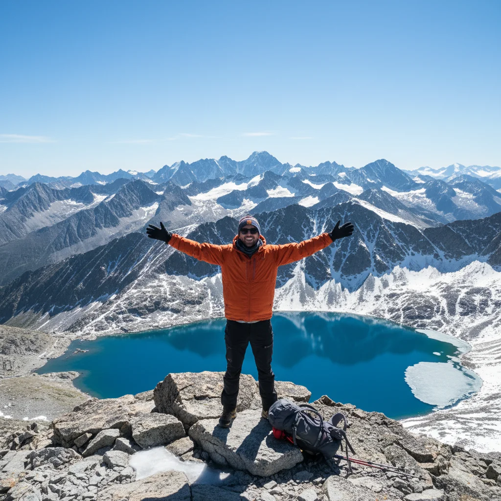 Hiker on rocky summit overlooking snow-capped peaks and alpine lake.