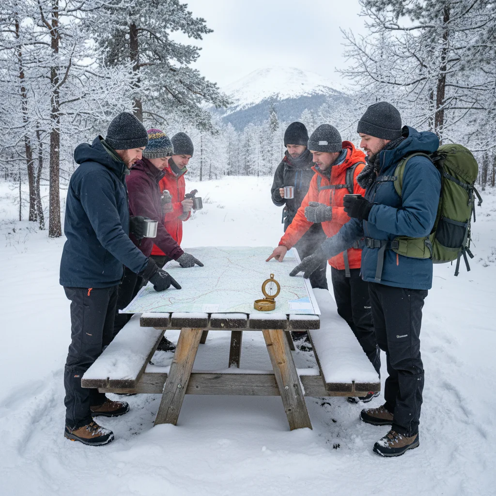 Hikers using map and compass for navigation