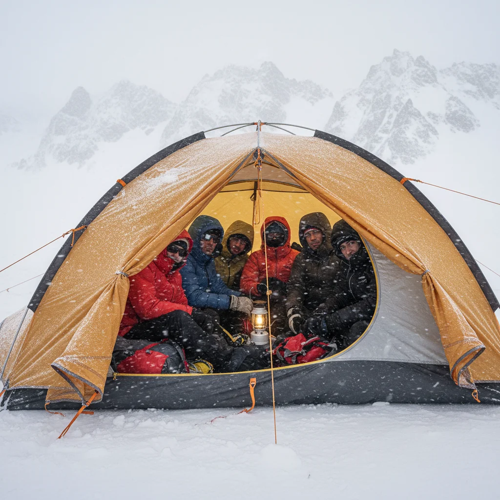 Hikers sheltering inside a four-season tent during a mountain storm