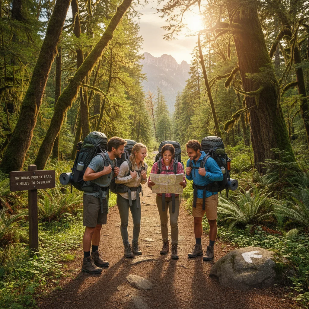 Hikers navigating a national park trail with a map