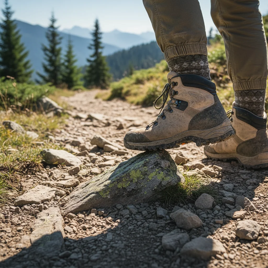 Hiking boots on rocky trail, demonstrating foot placement