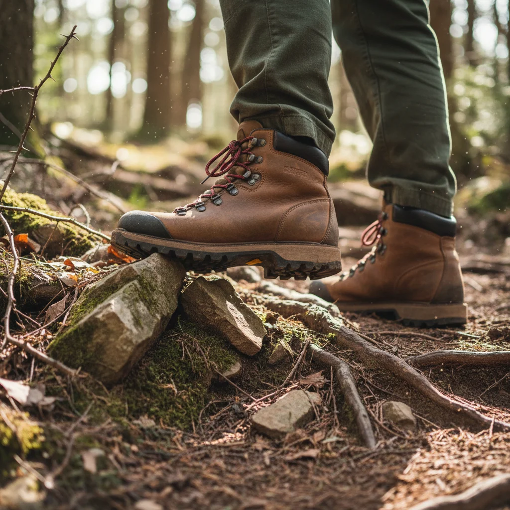 Hiker's feet in boots on rocky trail