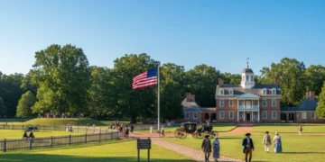 Historic American landmark under clear sky, inviting exploration