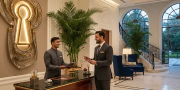 Concierge helping guest in a luxurious hotel lobby, highlighting hidden hotel services