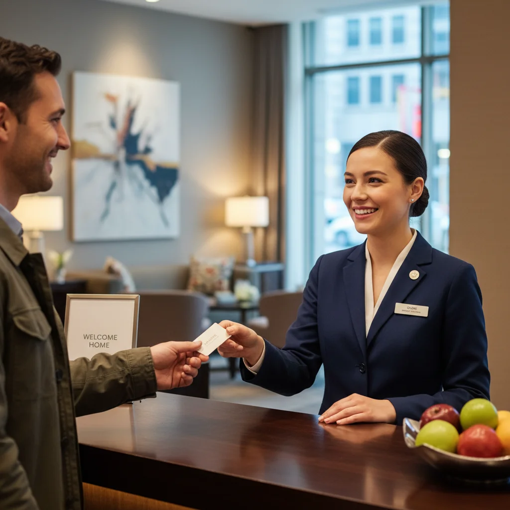 Friendly hotel front desk agent assisting a guest
