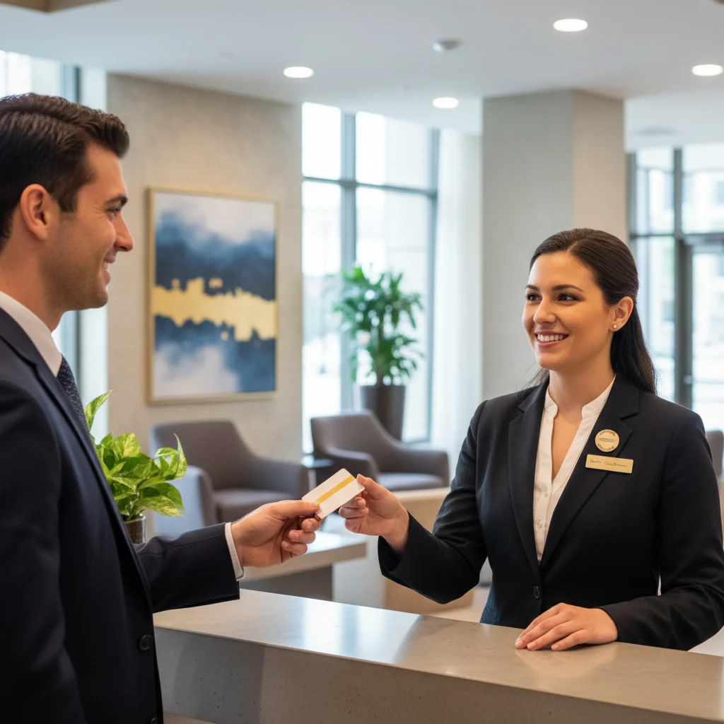 Friendly hotel front desk agent assisting a guest