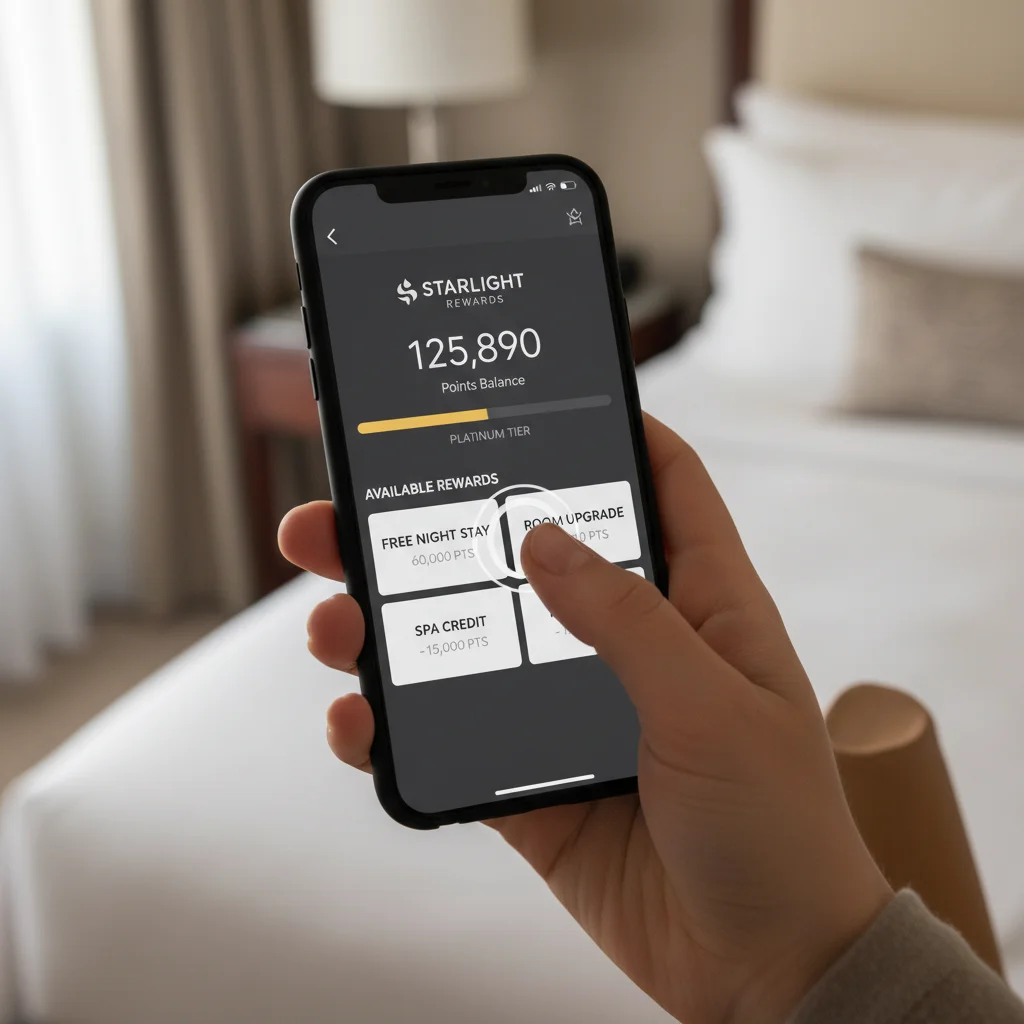 Smartphone displaying hotel loyalty program app with points balance