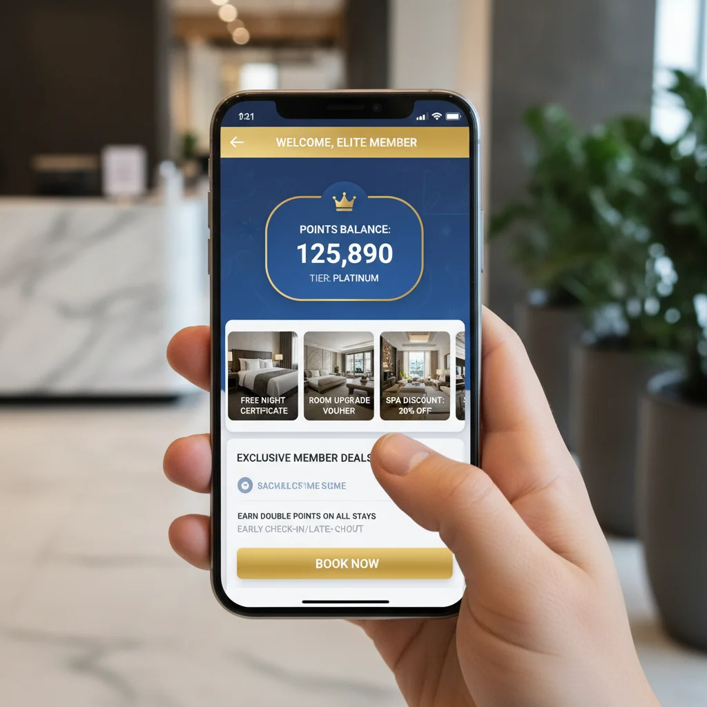 Smartphone displaying a hotel loyalty app with reward options