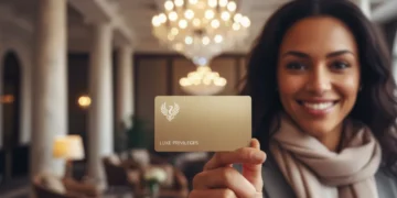 Smiling person with hotel loyalty key card in a luxurious hotel lobby