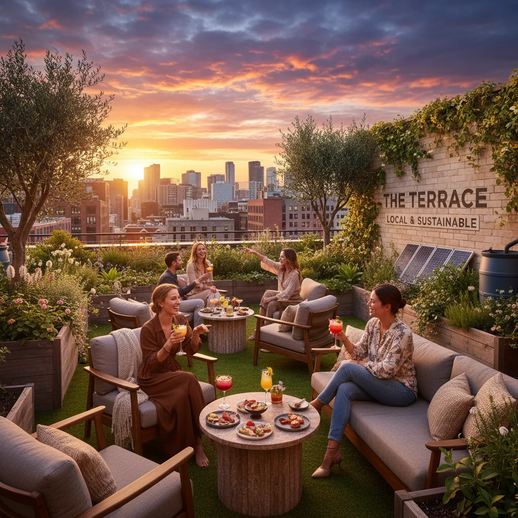 Hotel rooftop garden with sustainable practices and local offerings