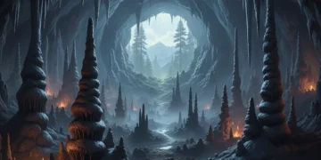 Illuminated stalactites and stalagmites inside a vast cave system