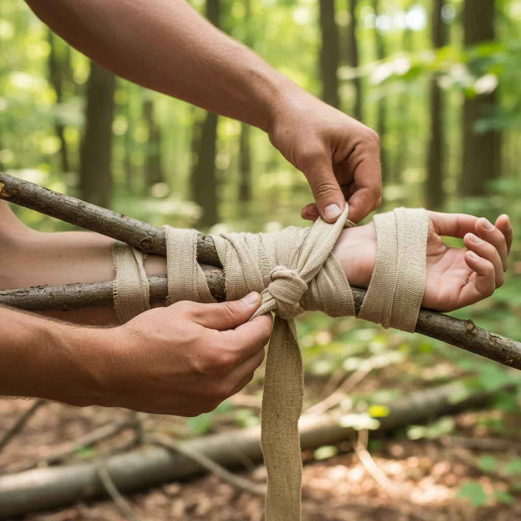 Person effectively splinting an arm fracture using improvised materials in a wilderness setting, showcasing practical first aid.