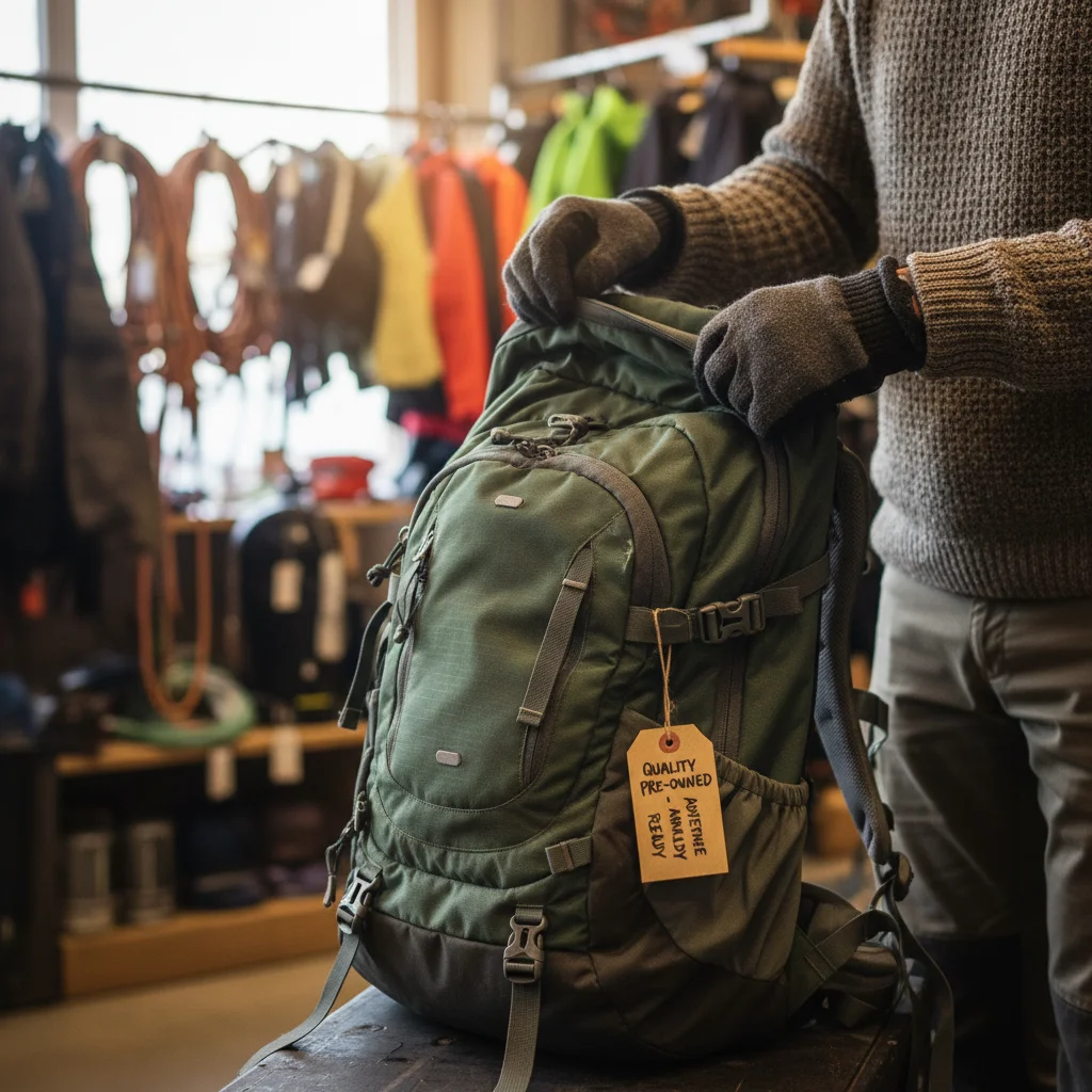 Person examining pre-owned hiking backpack in consignment store