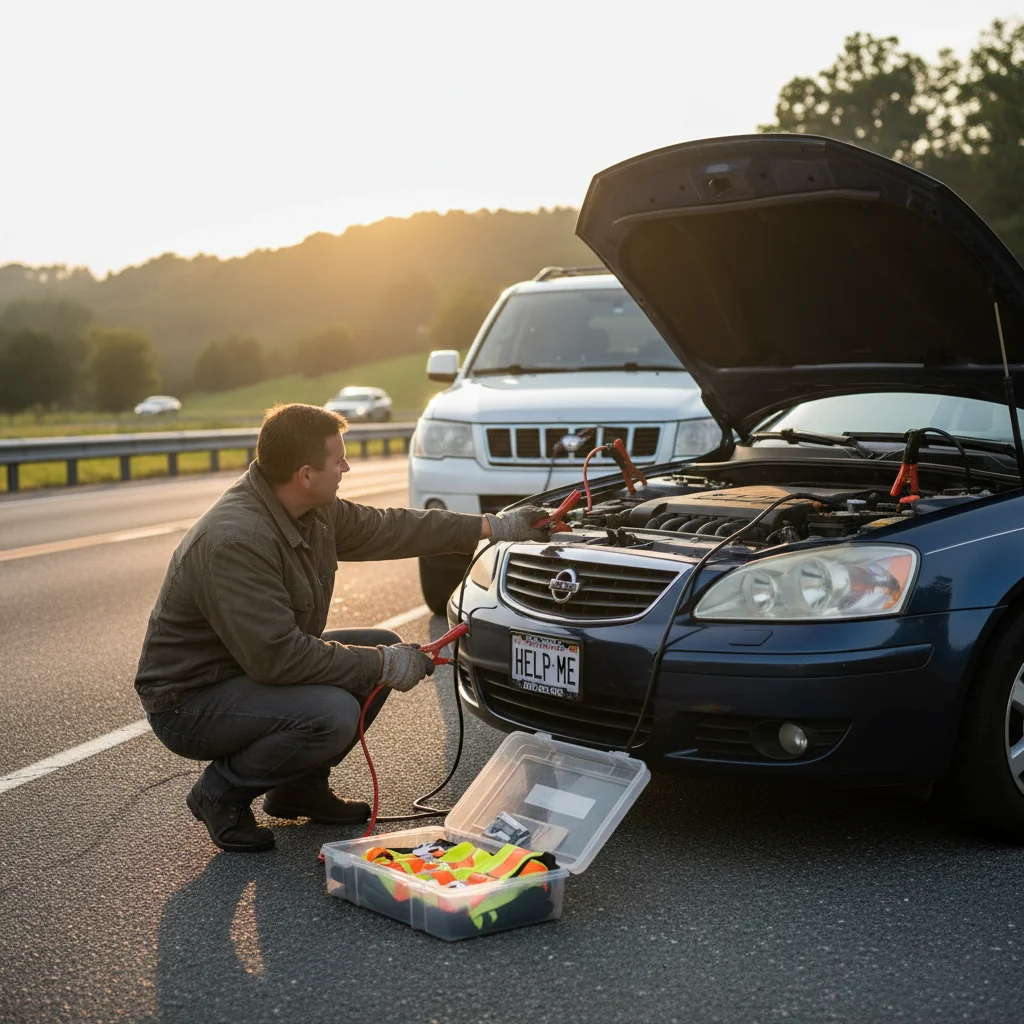 Person jump-starting car with dead battery using cables.