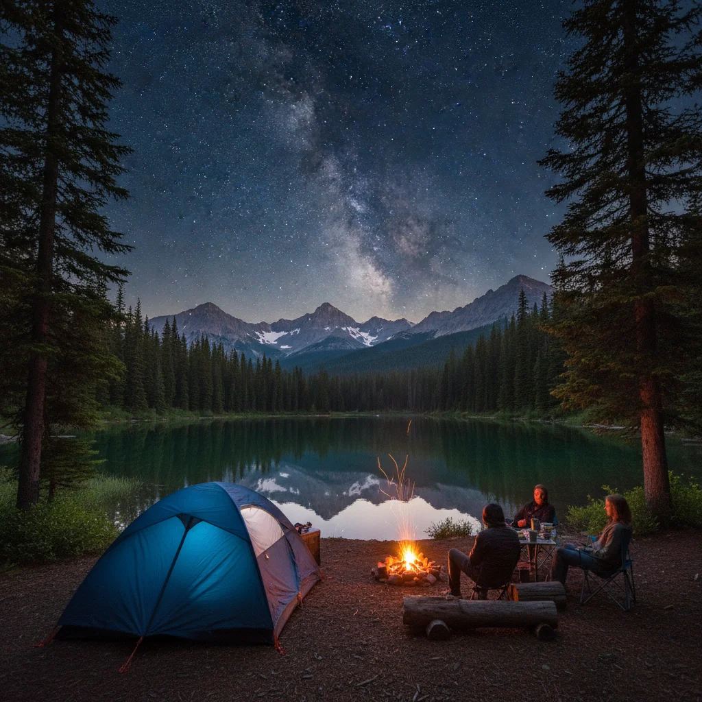Peaceful lakeside camping in a national forest at night.