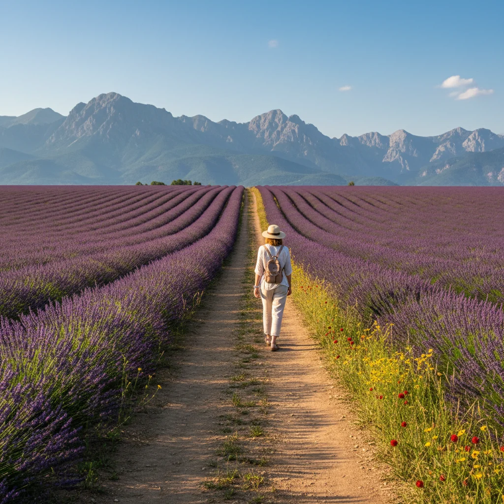 Person walking through a lavender field with mountains in the background.