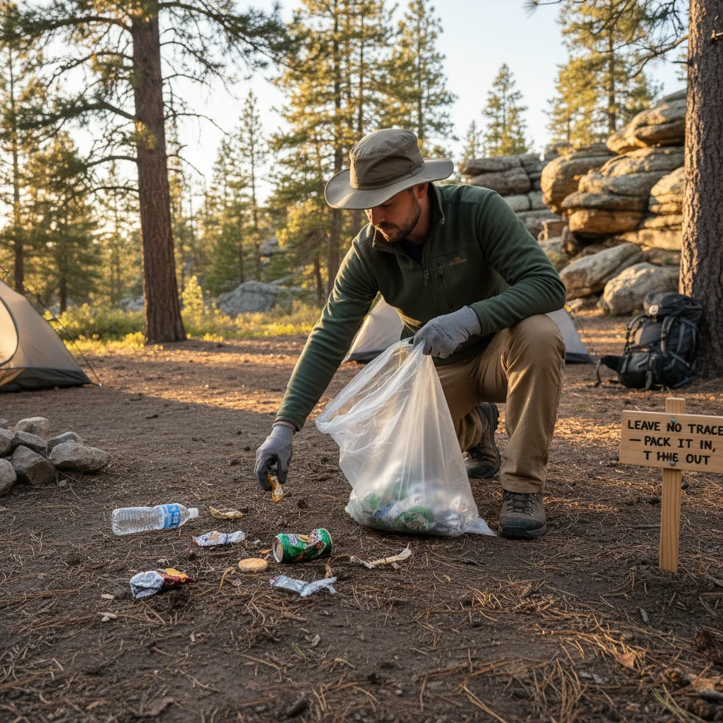 Hiker demonstrating Leave No Trace by packing out trash from a campsite.