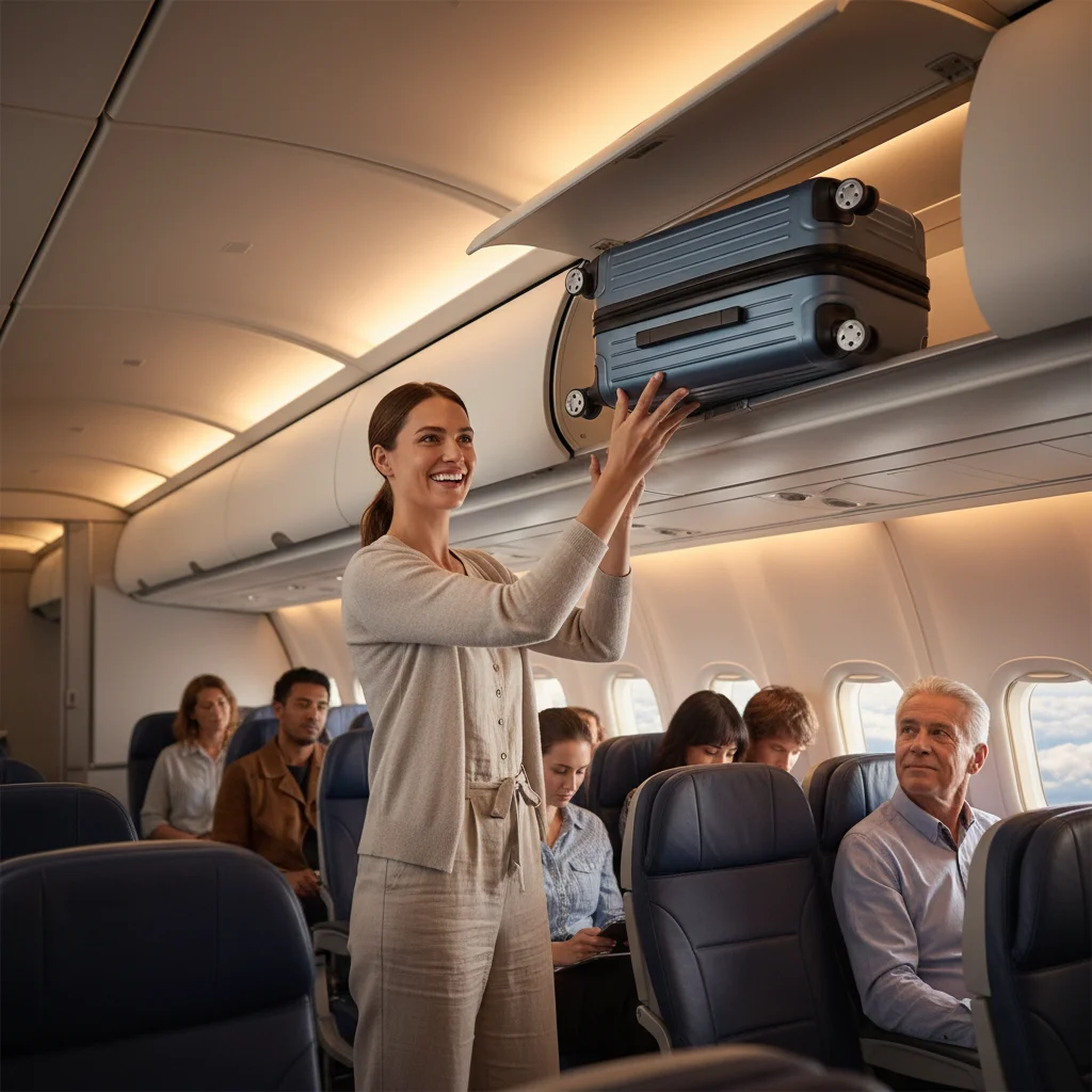 Traveler lifting light carry-on luggage into overhead bin