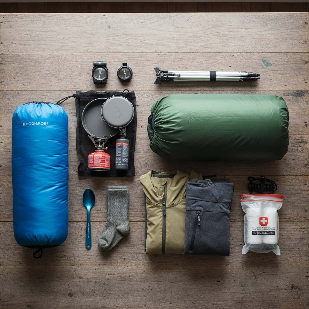 Essential lightweight backpacking gear flat lay