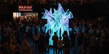 Visitors enjoying a popular, limited-time museum exhibit with intricate art and dynamic lighting.