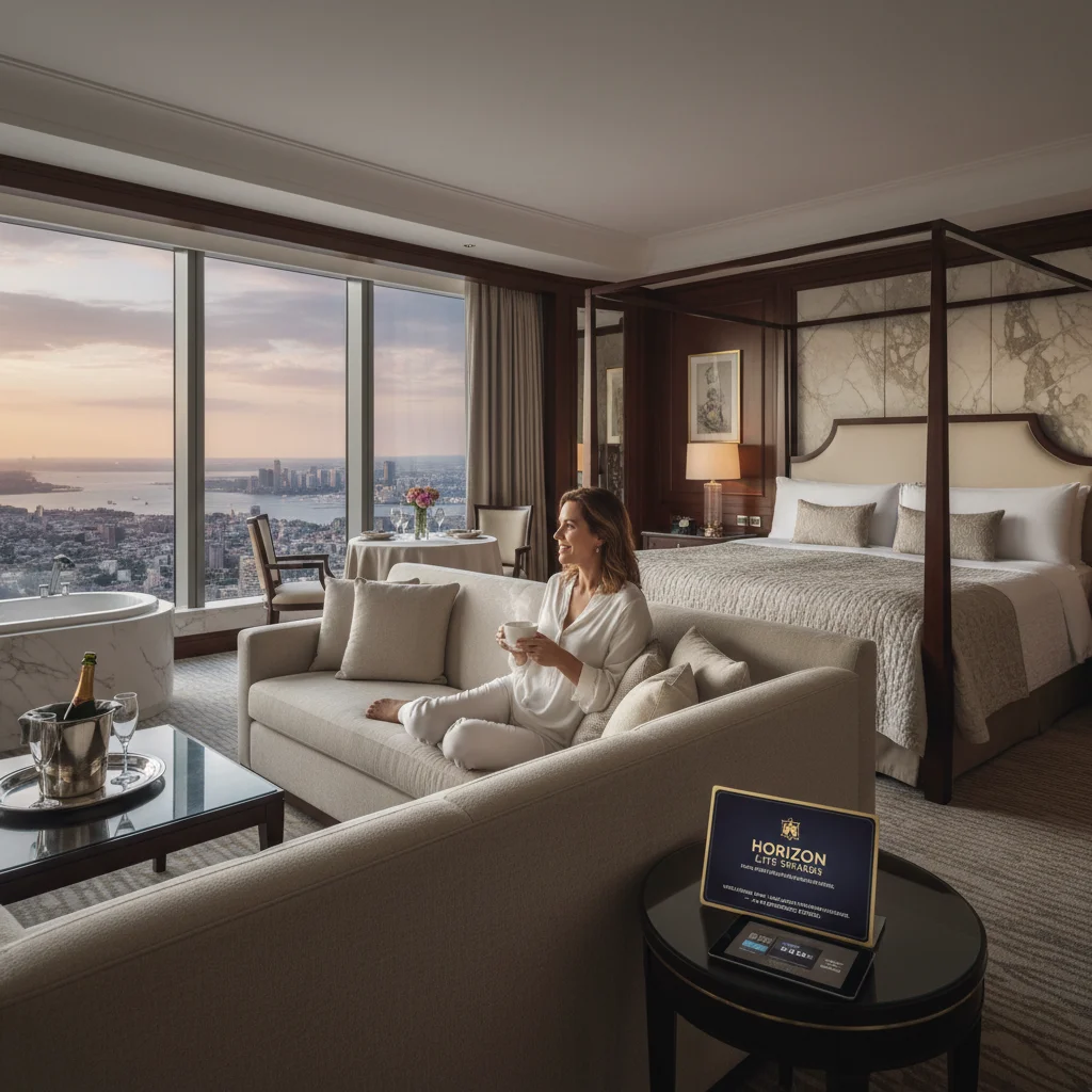 Person relaxing in a luxurious hotel room with a scenic view