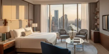 Luxurious hotel suite with city view, offering comfort and space