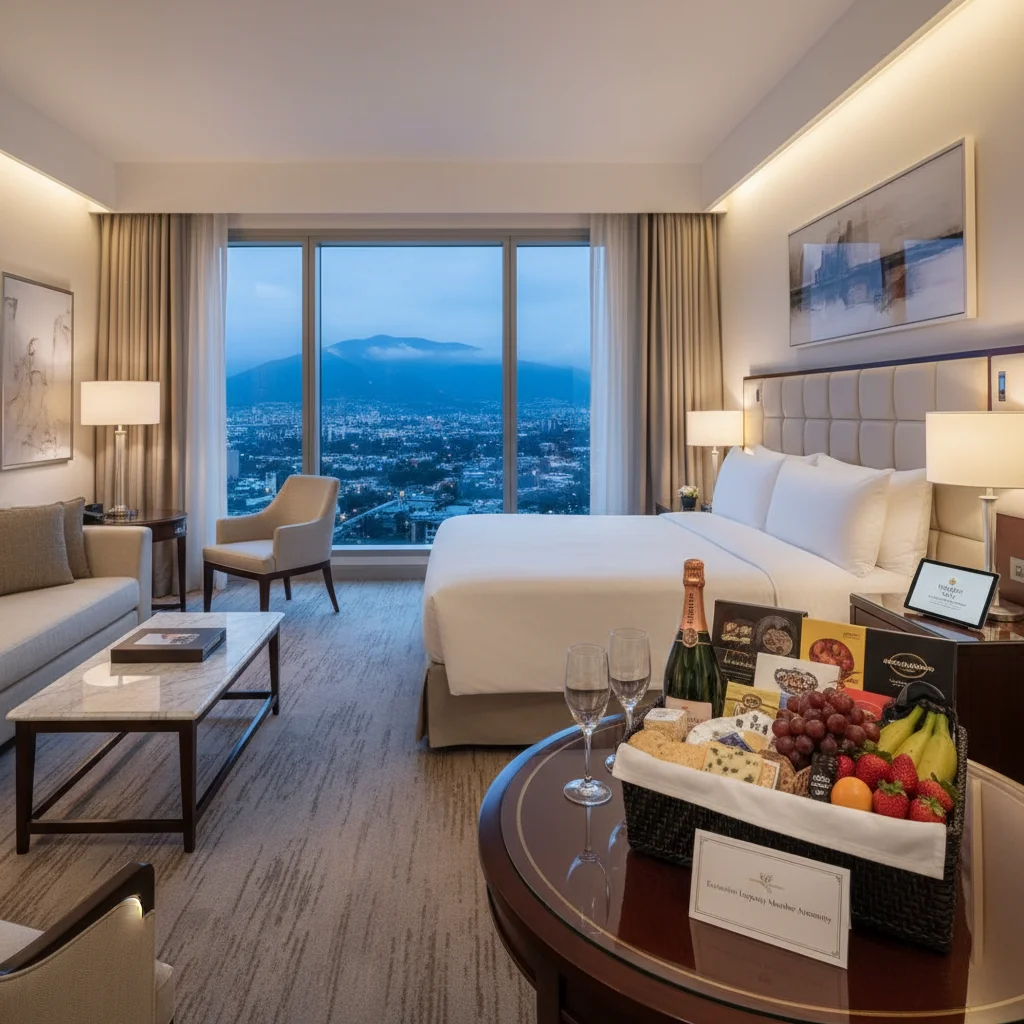 Luxury hotel room with special welcome amenity for loyalty members