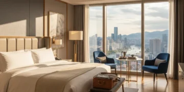 Luxurious hotel suite with city view, king bed, and elegant decor