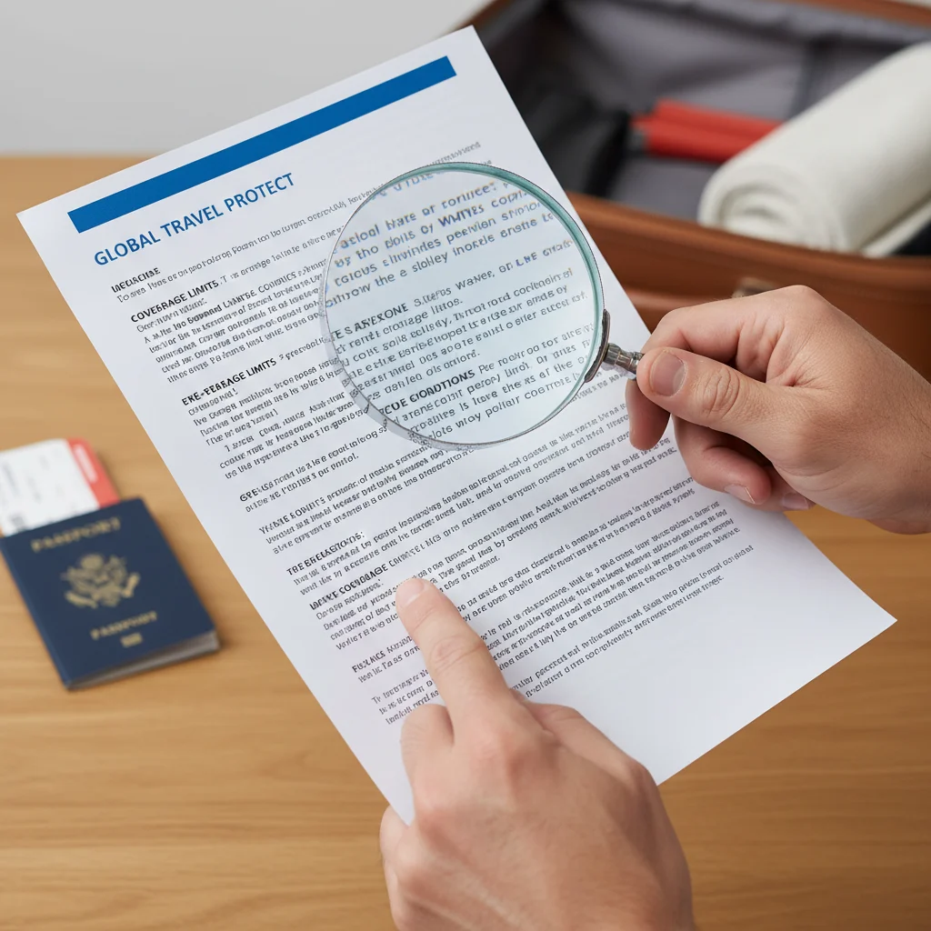 Magnifying glass over fine print of a travel insurance document.