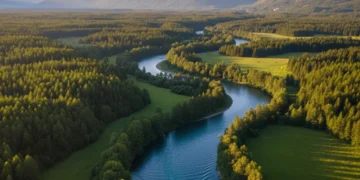 Majestic river winding through a lush valley, a scenic waterways journey.