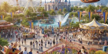 Families enjoying rides and attractions at a bustling major theme park, maximizing their visit.