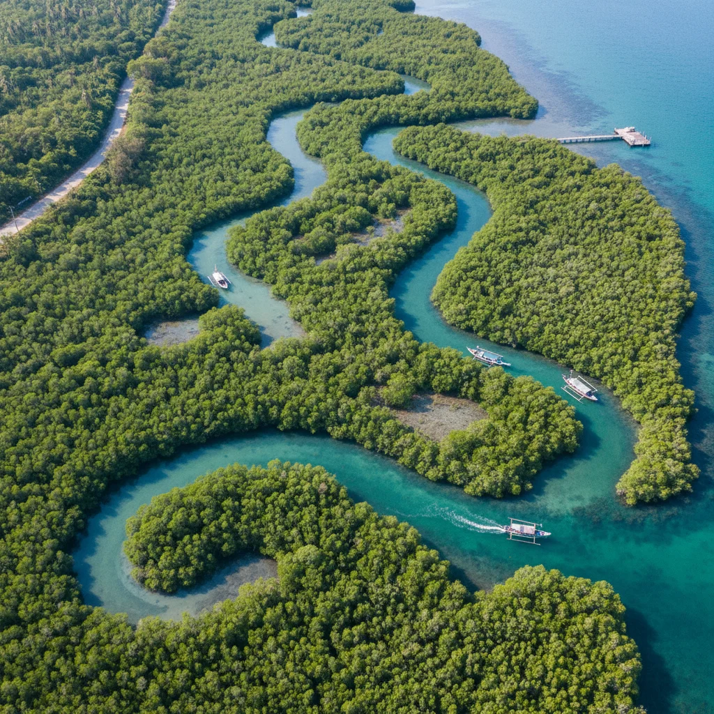 Aerial view of an estuarine wetland with mangroves and waterways